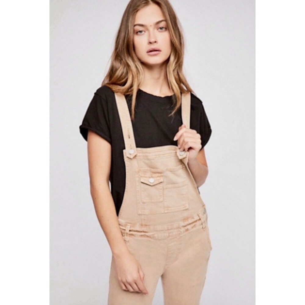 Free People Khaki Slim Fit Overalls Womens Size 24 Tan Tapered Denim Dungarees